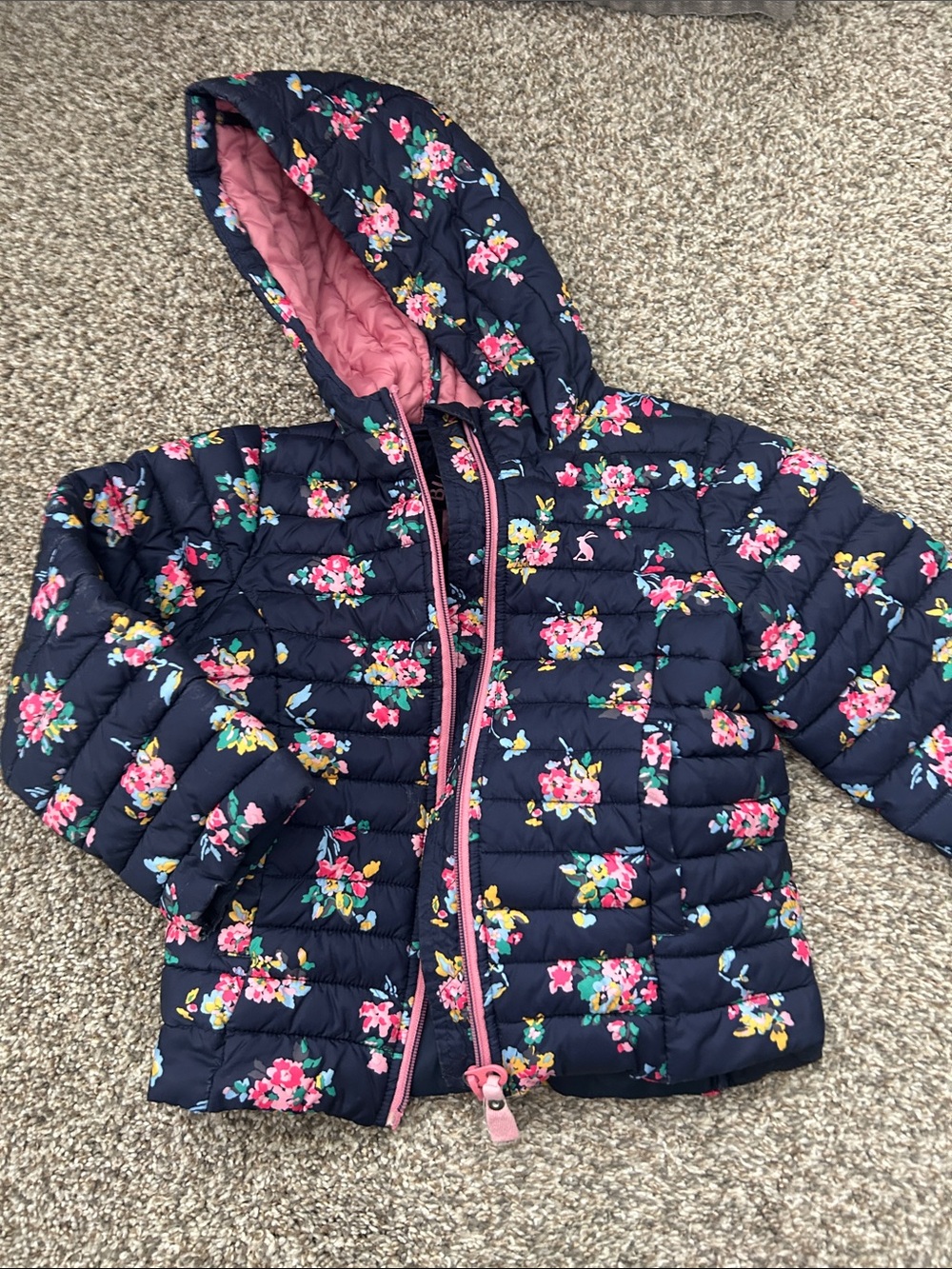 Joules Navy Floral Quilted Hooded Puffer with Pink Lining